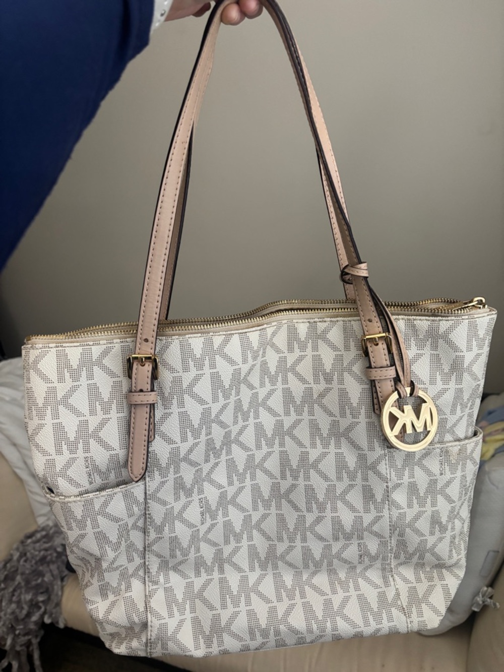 Michael Kors Jet Set Tote Bag Vanilla MK Logo PVC Leather Shoulder Bag